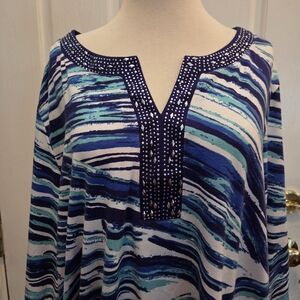 Tie dye Top Popover Size 3X Women's Blue White Embellished Beach Beachy Cottage